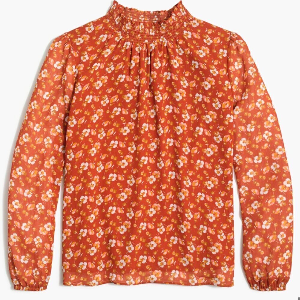 J. Crew Factory Women's Smocked Shirt Orange Floral Long Sleeve Mock Neck AS356
